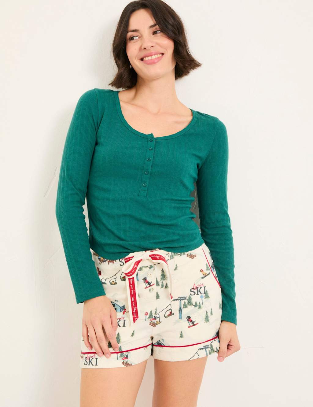 FatFace Cotton Rich Henley Pyjama Top Green