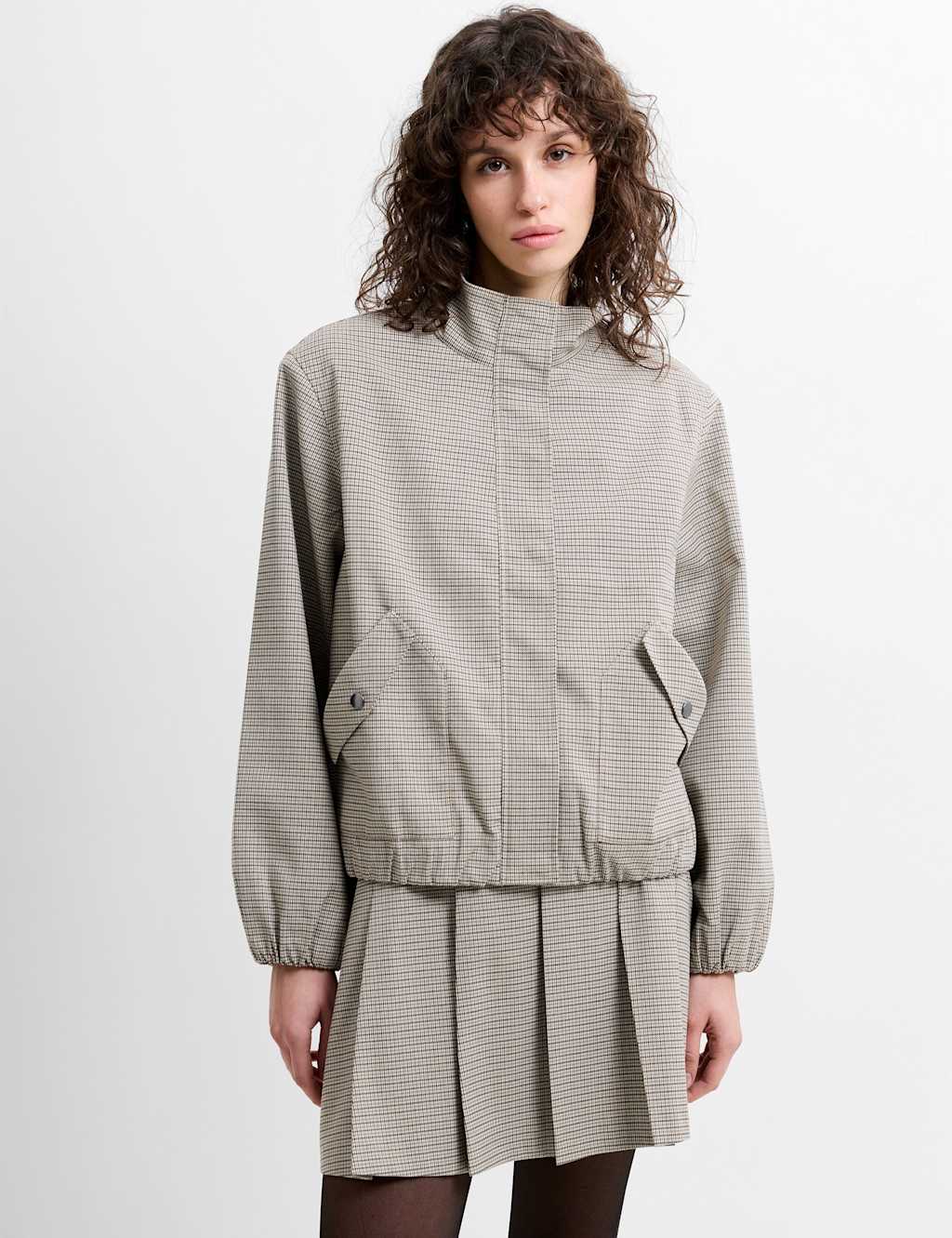 French Connection Women's Checked Funnel Neck Bomber Jacket - Extra Small - Beige Mix - Available at M&S