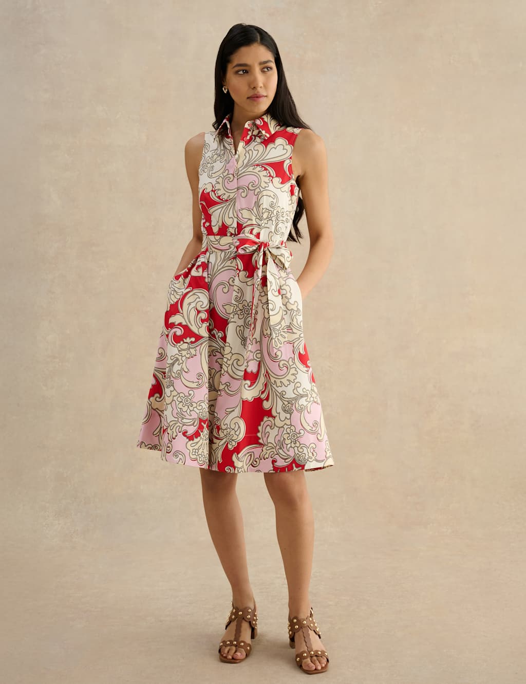 Hobbs Women's Cotton Rich Paisley Belted Skater Dress - 16 - Red Mix - Available at M&S