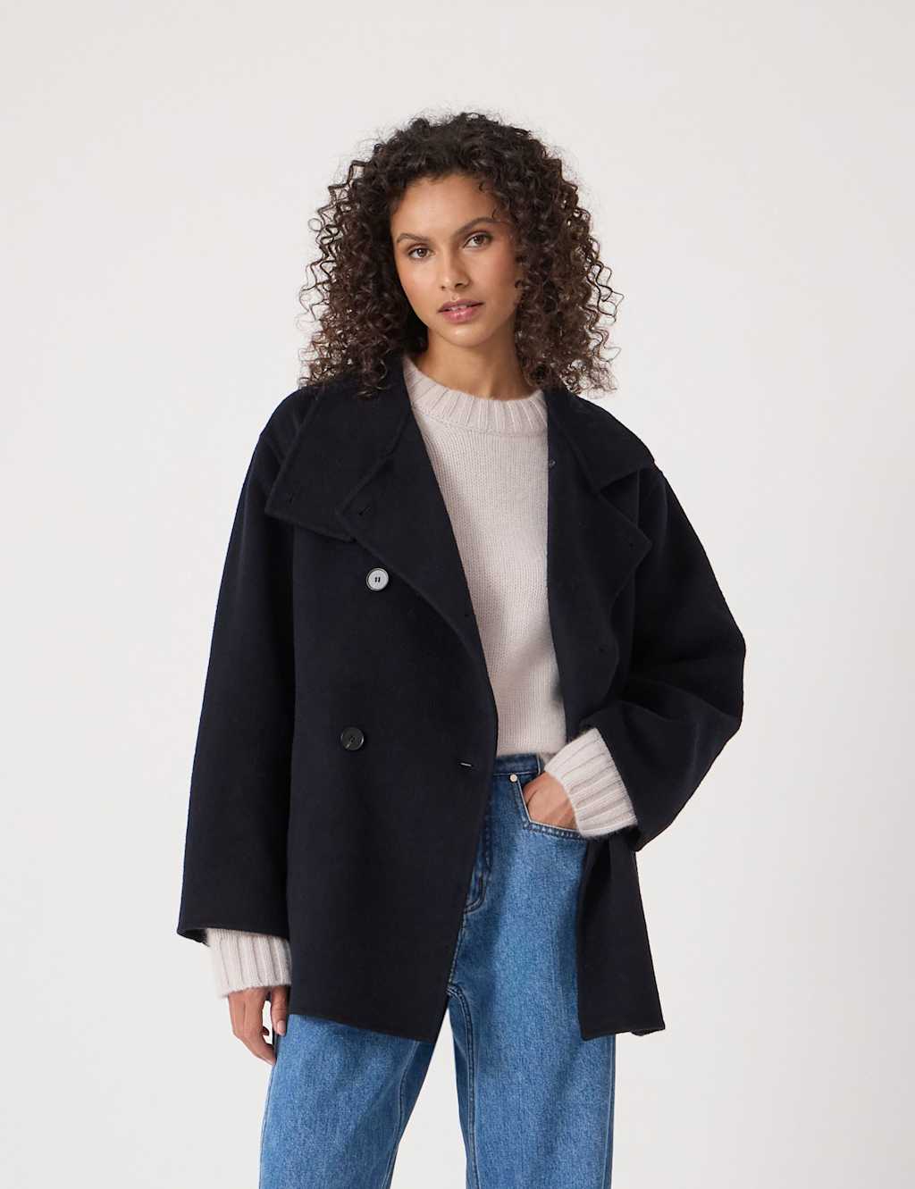 HUSH Pure Wool Belted Peacoat Dark Navy