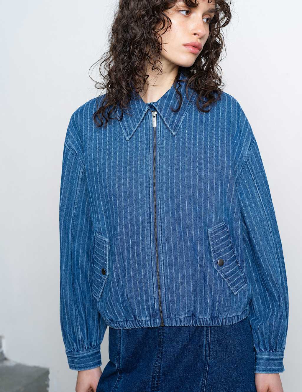French Connection Women's Denim Pinstriped Bomber Jacket - Small - Denim Mix - Available at M&S