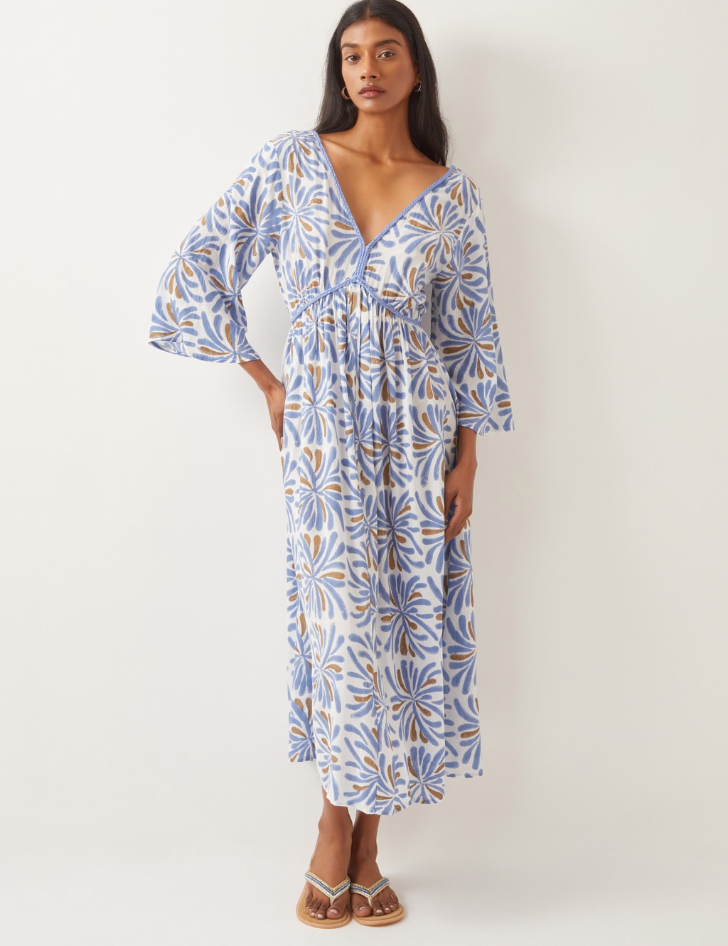 Textured Woodblock V-Neck Midi Skater Dress