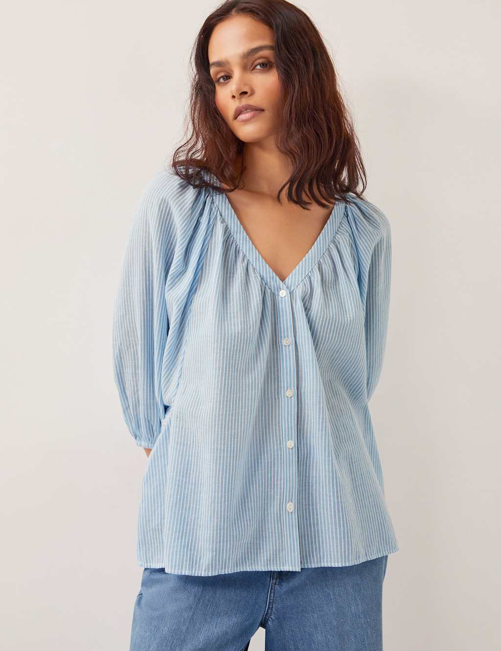 Pure Cotton Striped V-Neck Blouse
