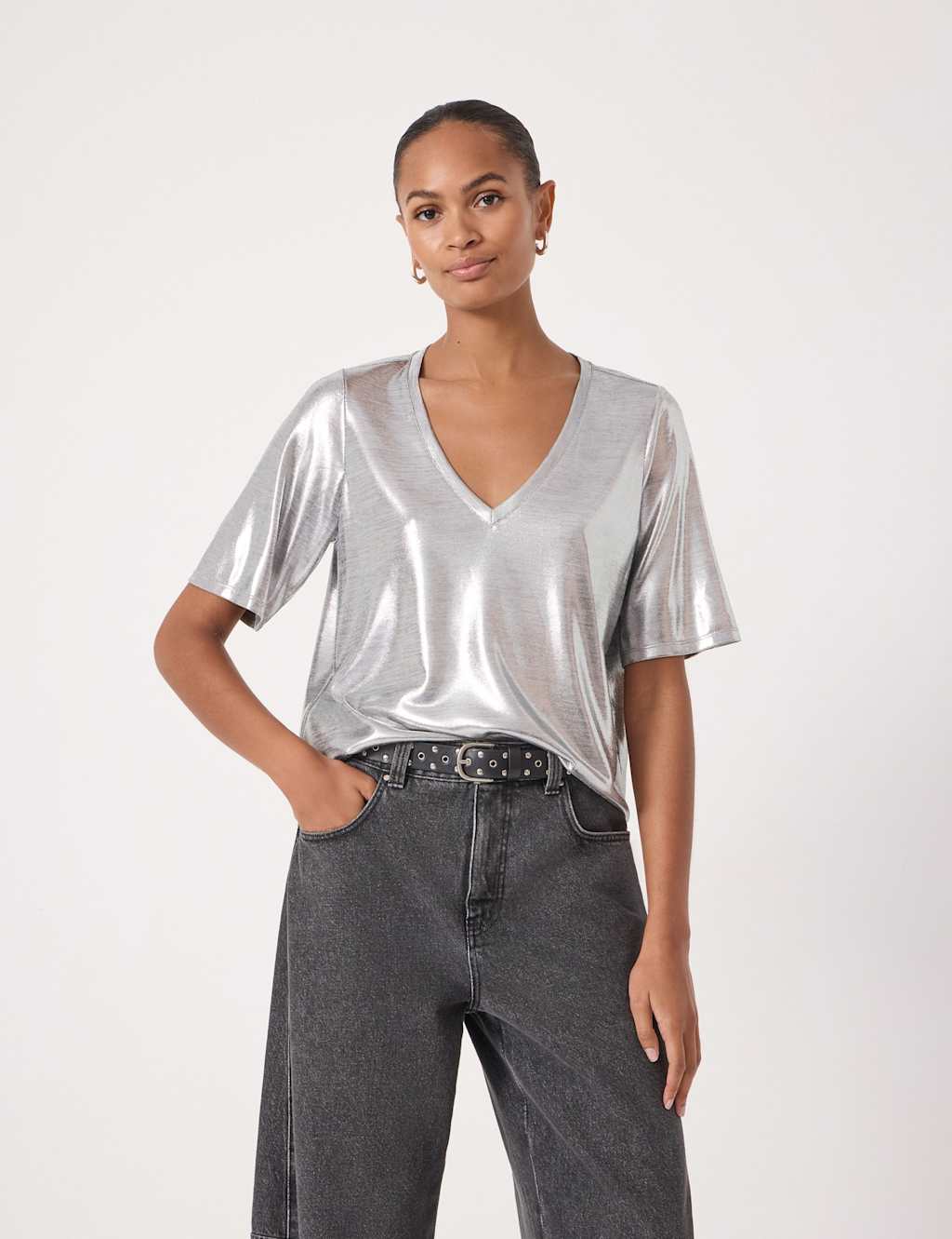 HUSH Metallic V-Neck T-Shirt Silver