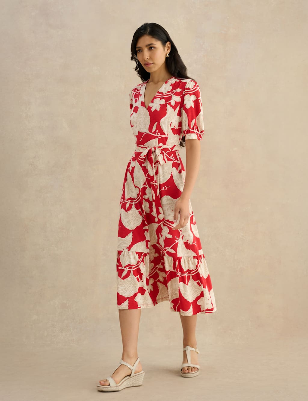 Hobbs Women's Cotton Modal Jersey Floral Midi Waisted Dress - 12 - Red Mix - Available at M&S