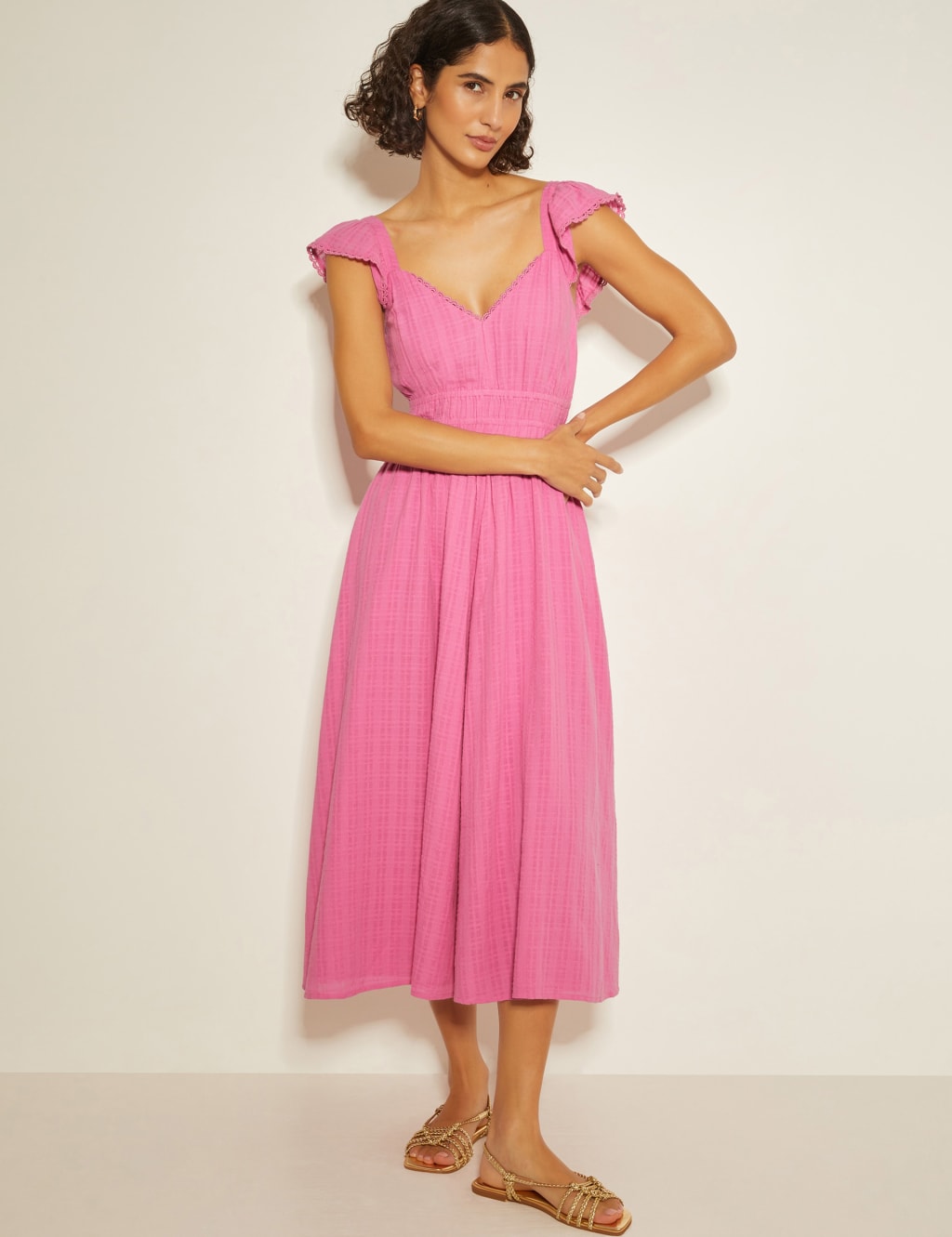 Pure Cotton Textured Sweetheart Neckline Midi Beach Dress