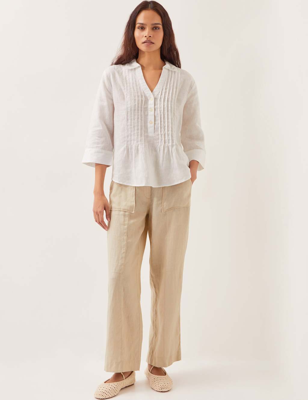 Pure Linen Collared V-Neck Pintuck Blouse