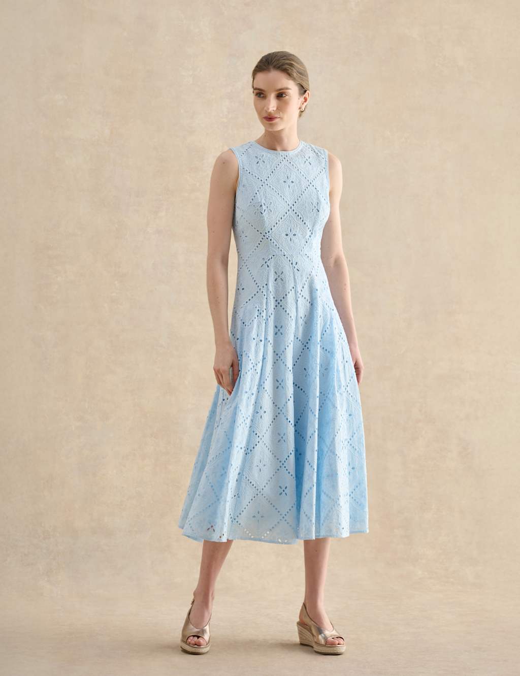 Hobbs Women's Pure Cotton Broderie Midi Skater Dress - 10 - Blue - Available at M&S