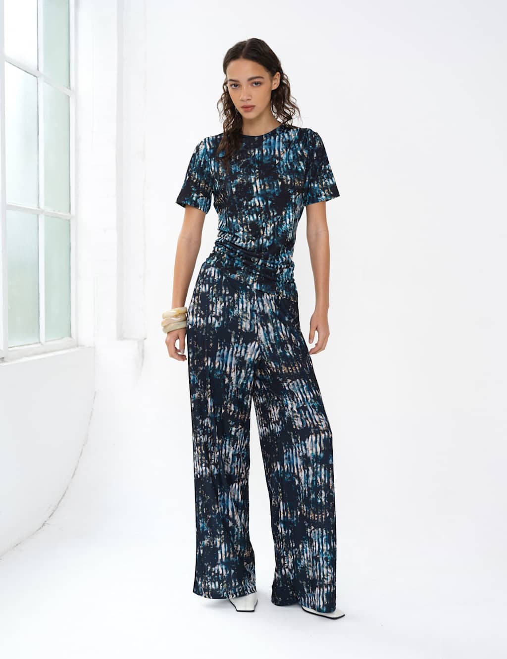 French Connection Women's Printed Draped Crew Neck Top - Extra Small - Blue Mix - Available at M&S