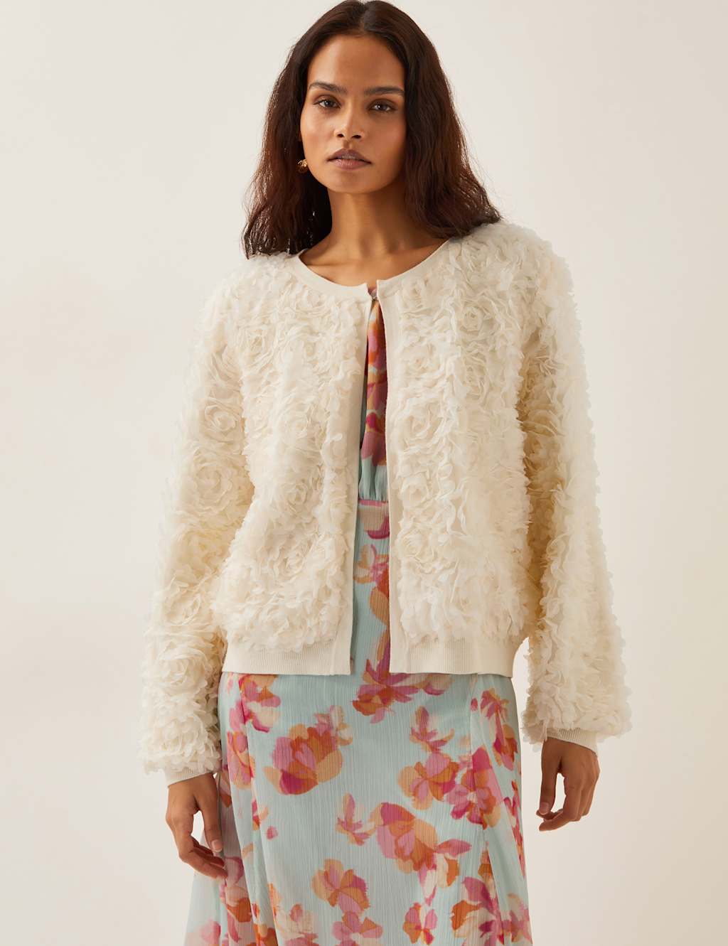 Textured Floral Crew Neck Cardigan