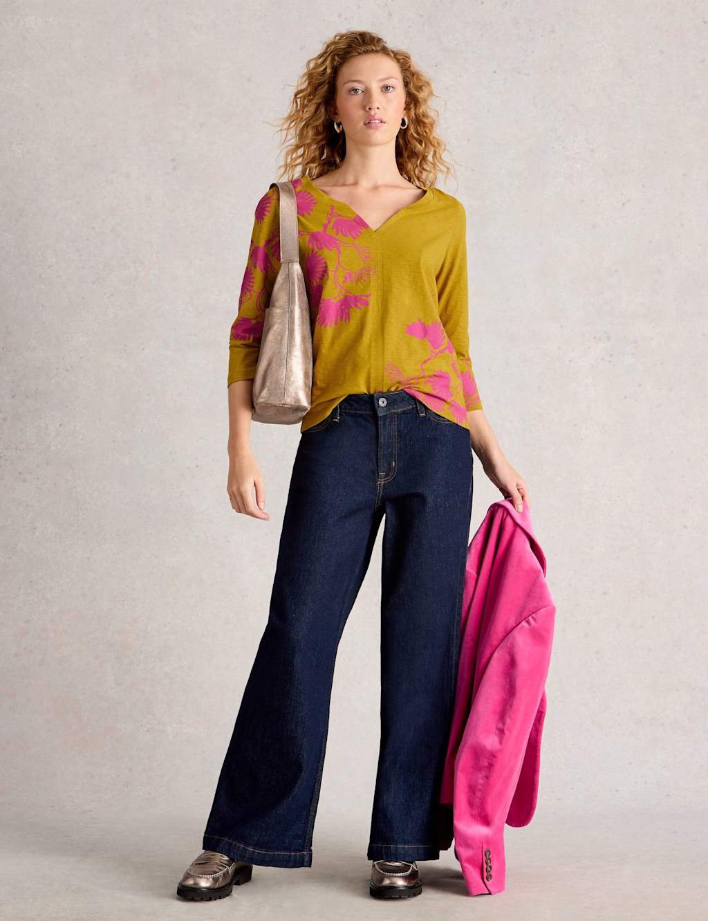 White Stuff Pure Cotton Printed V-Neck Top Yellow Mix