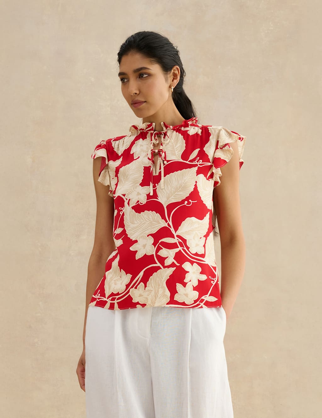 Hobbs Women's Floral Tie Neck Ruffle Blouse - 14 - Red Mix - Available at M&S