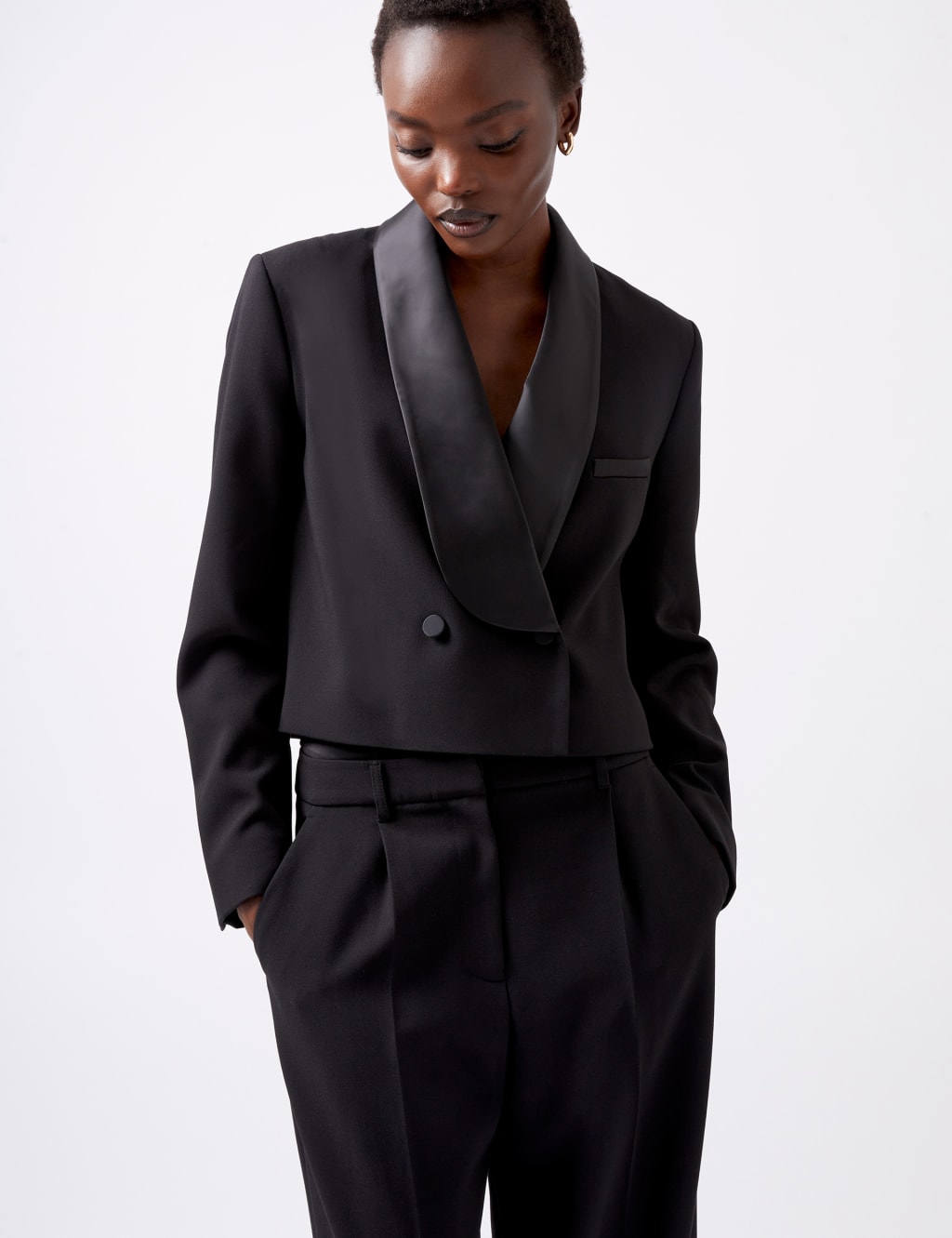 Satin Look Double Breasted Cropped Blazer