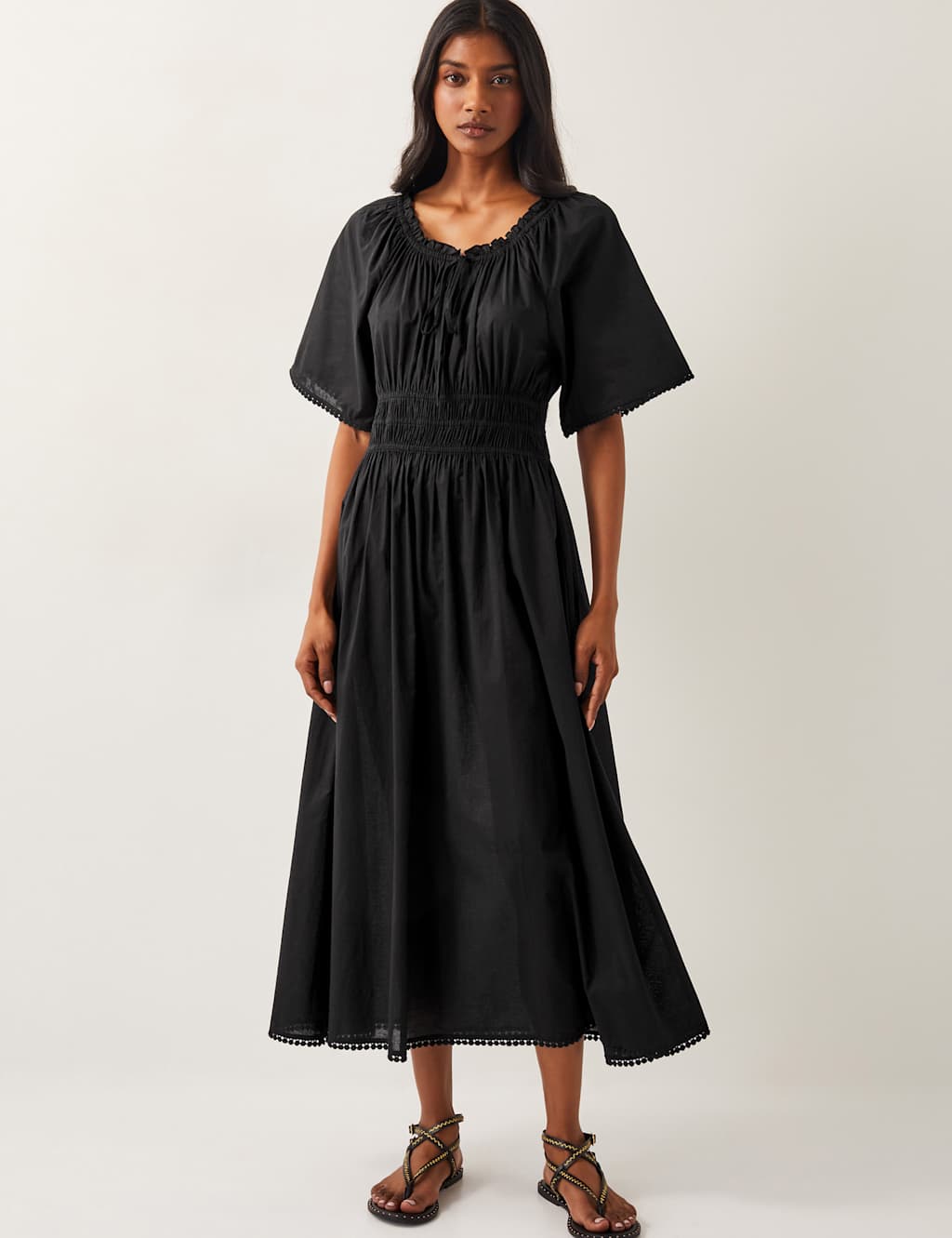 Pure Cotton Tie Neck Midi Waisted Dress