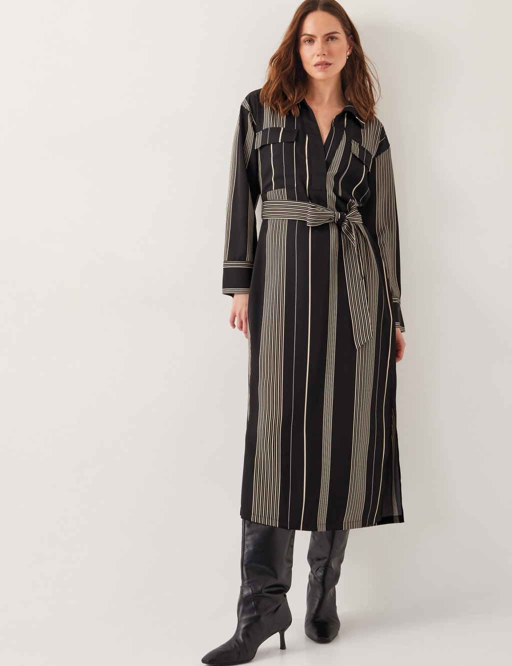 Striped V-Neck Belted Midi Shirt Dress