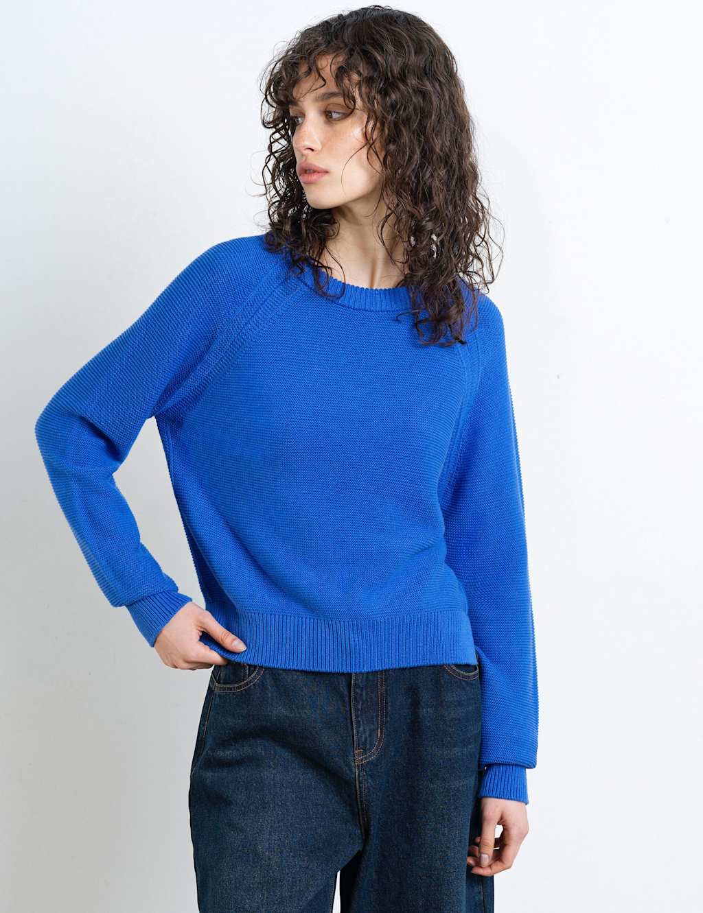 French Connection Women's Pure Cotton Textured Crew Neck Jumper - Extra Large - Blue - Available at M&S