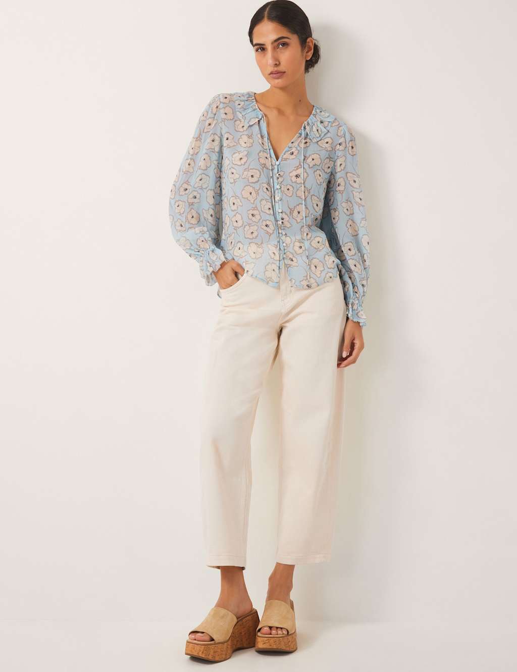 Monsoon Women's Floral Tie Neck Ruffle Blouse - XXL - Blue Mix, Blue Mix