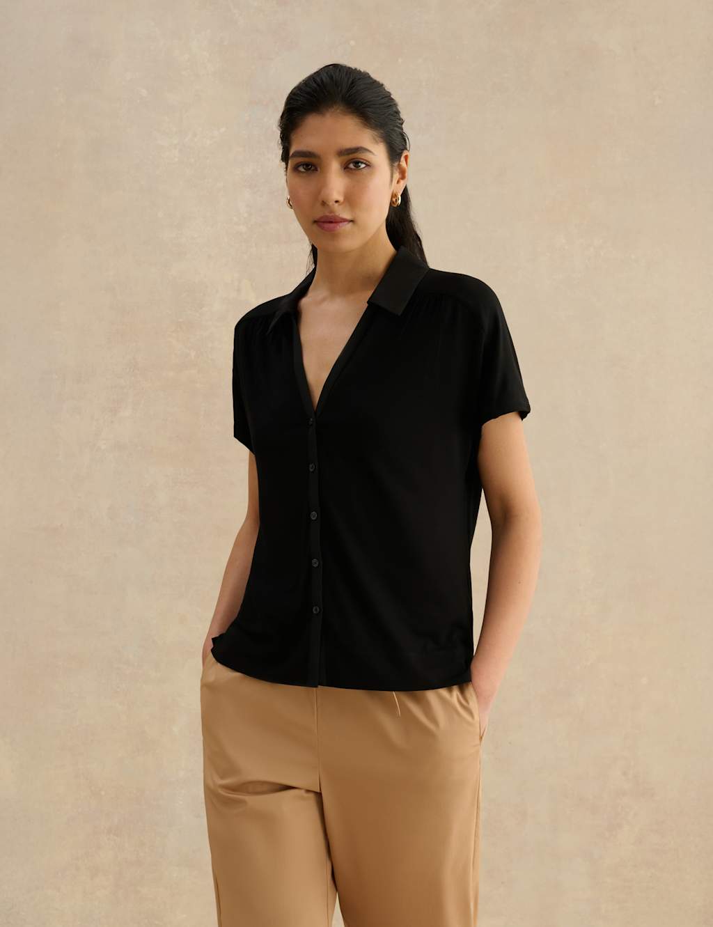 Hobbs Women's Jersey Collared Button Through Top - Medium - Black - Available at M&S