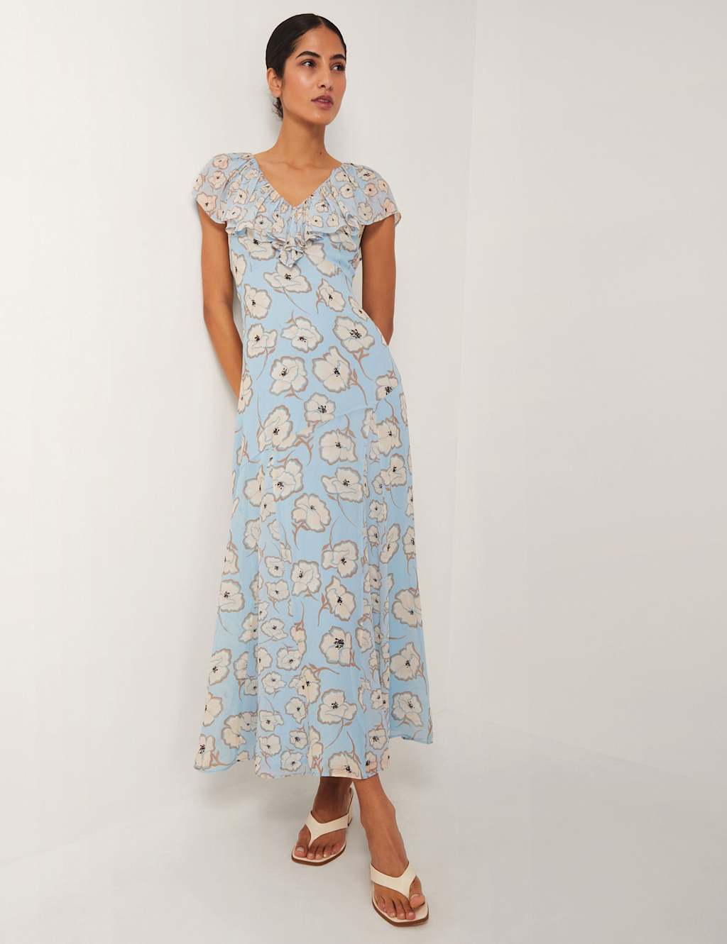 Monsoon Floral V-Neck Angel Sleeves Maxi Tiered Dress Blue Mix