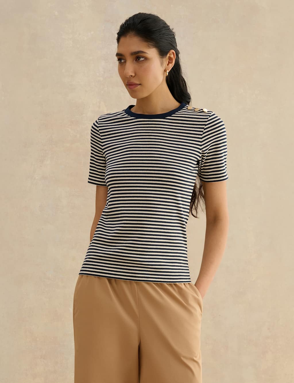 Hobbs Women's Sparkle Striped Button Detail T-Shirt - Large - Blue Mix - Available at M&S