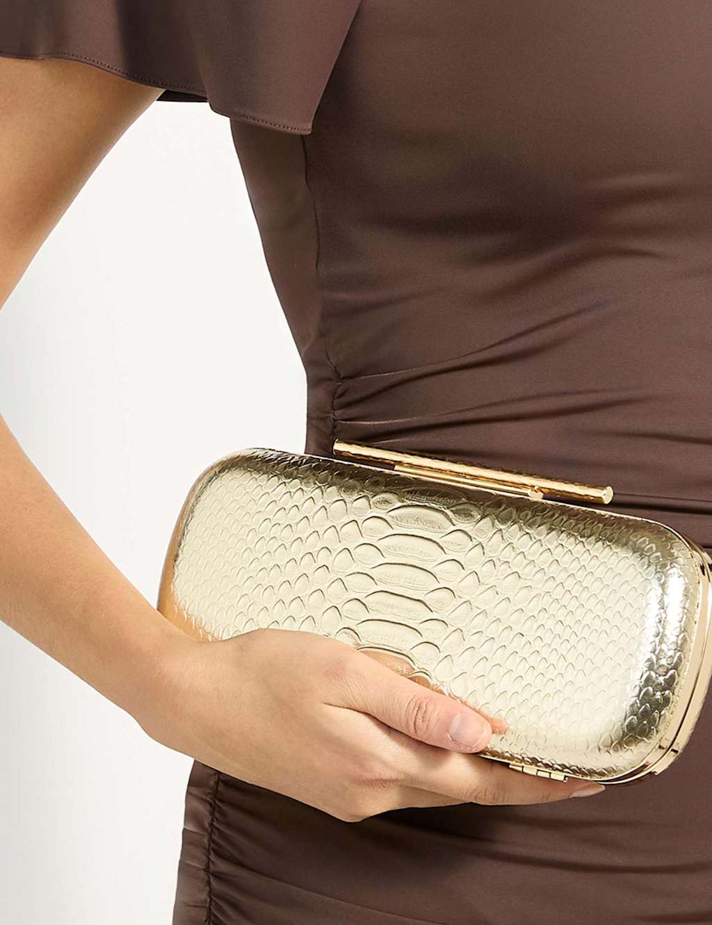 Dune London Women's Leather Croc Effect Oval Hard Clutch Bag - Gold - Available at M&S