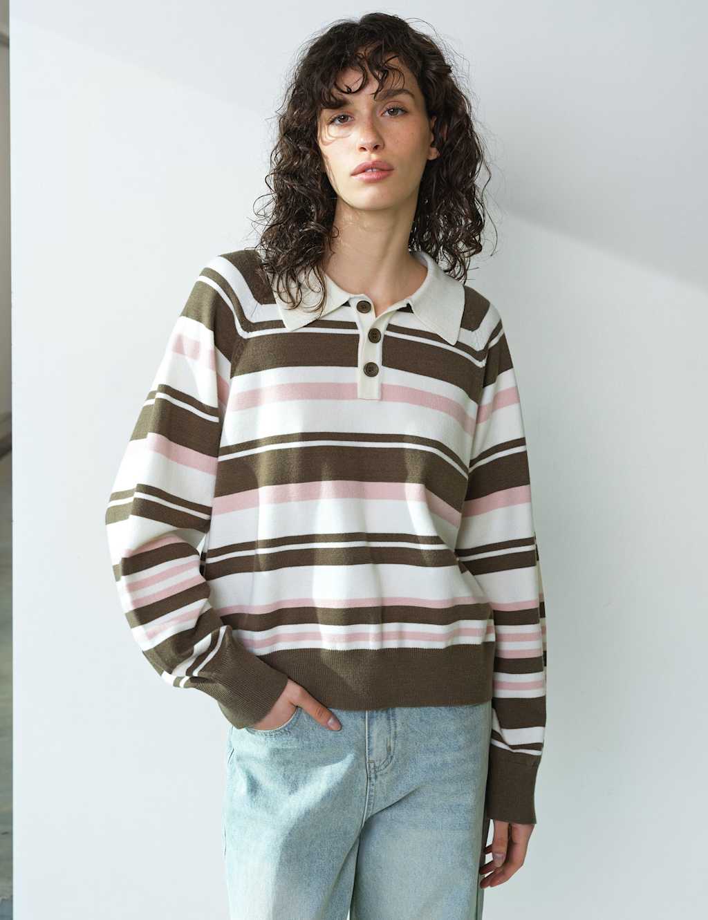French Connection Women's Striped Polo Neck Jumper - Extra Small - Khaki Mix - Available at M&S