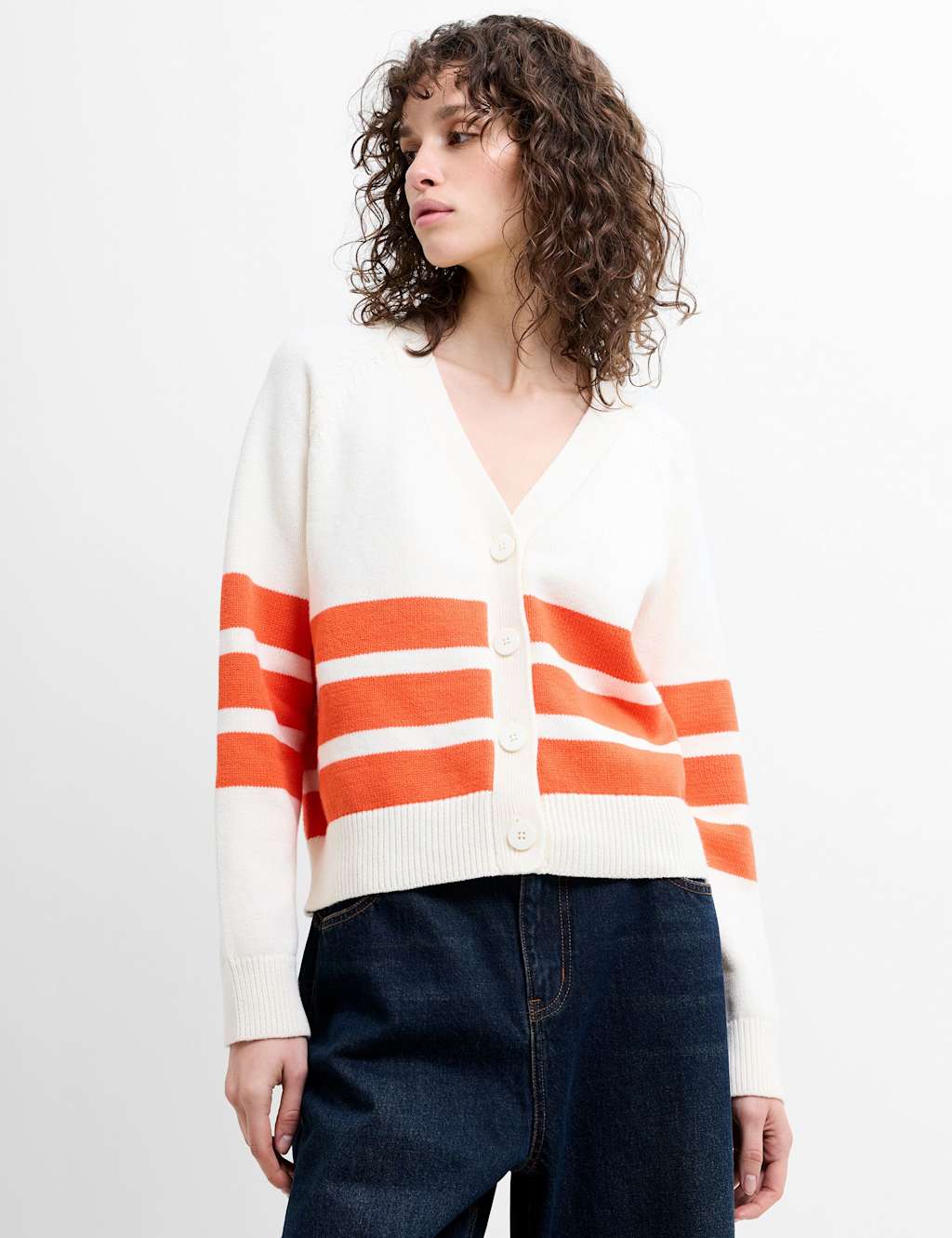 French Connection Women's Cotton Rich Striped V-Neck Cardigan - Extra Large - Cream Mix - Available at M&S