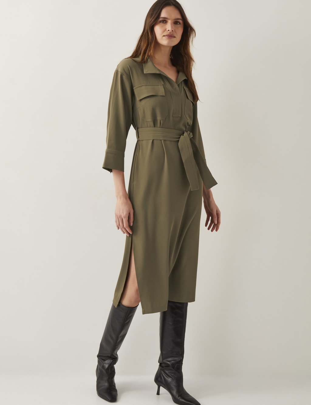 Collared Belted Midi Cargo Shirt Dress
