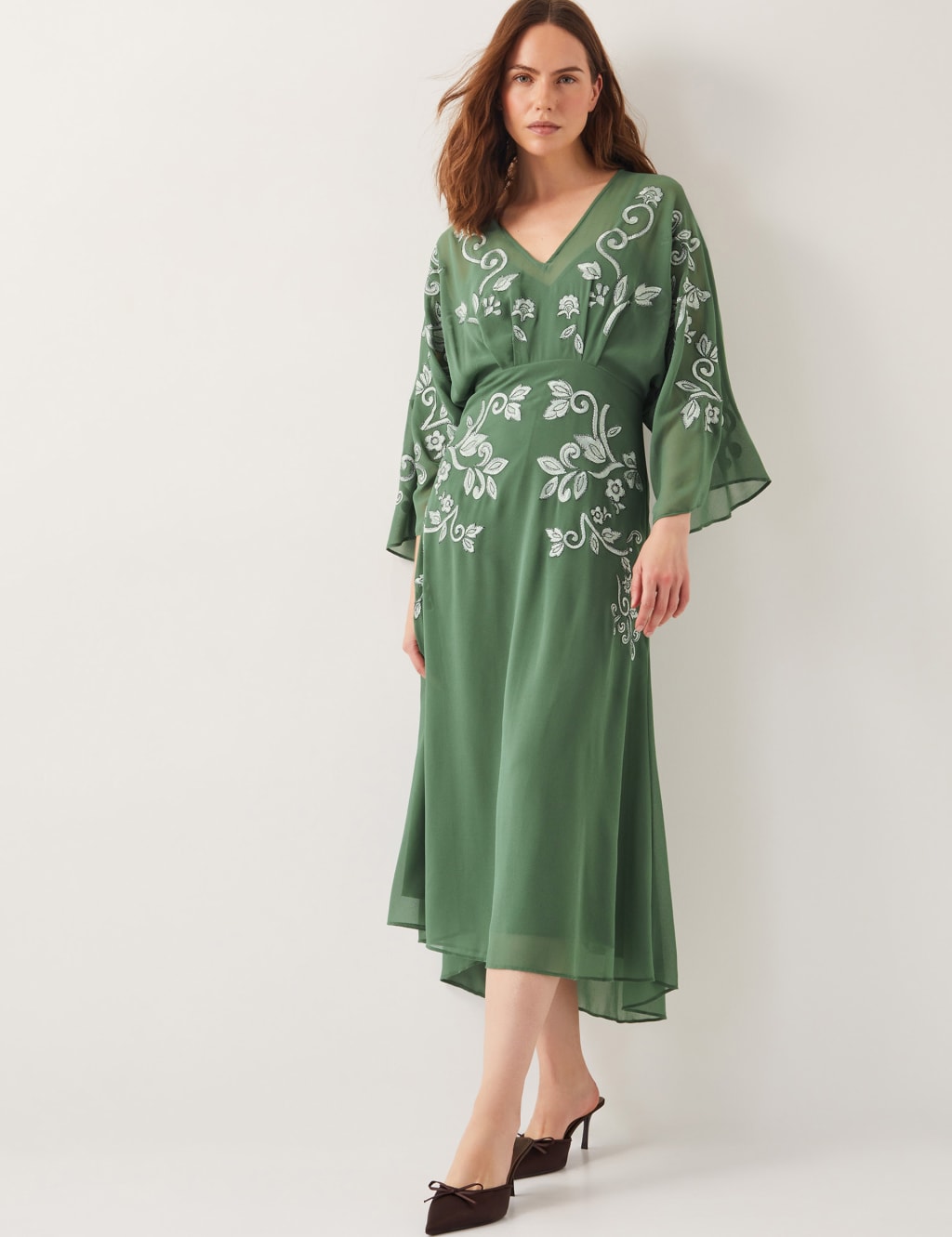 Embroidered V-Neck Midi Tea Dress