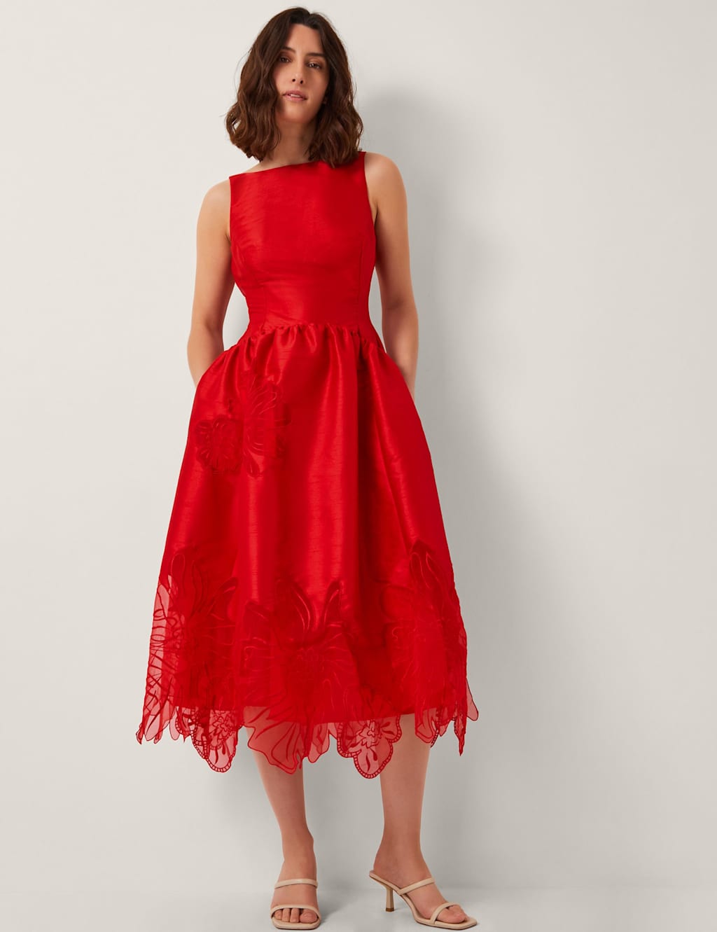 Monsoon Satin Floral Embroidered Cut Work Midi Skater Dress Red