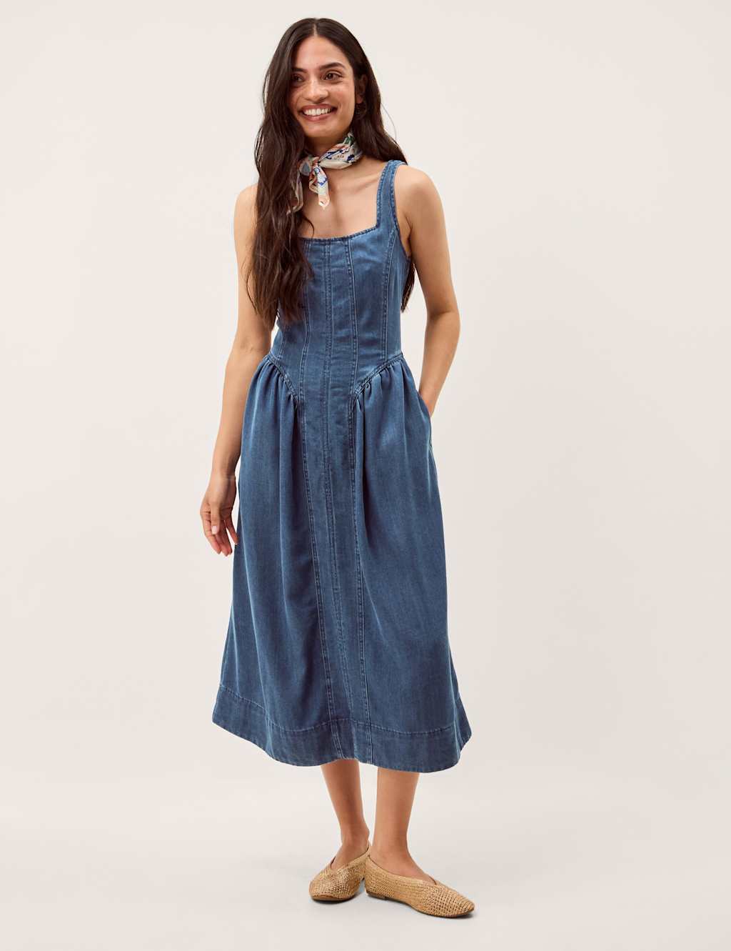 Monsoon Women's Denim Square Neck Midi Skate Dress - 18 - Blue Denim - Available at M&S