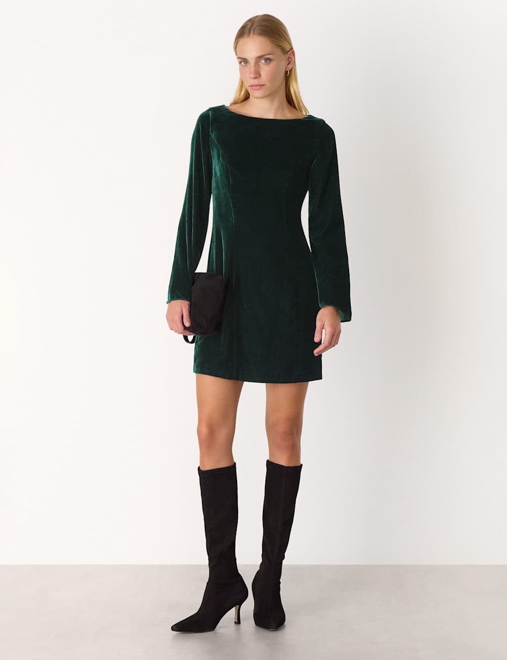 Whistles Velvet Flare Sleeve Mini Shift Dress Green