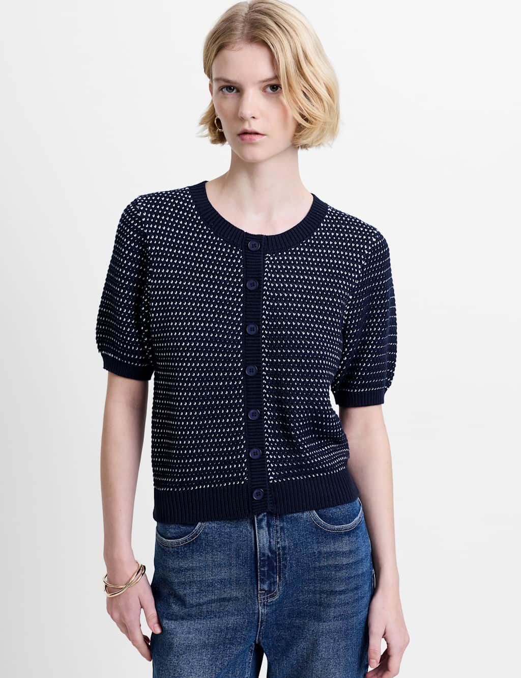 French Connection Women's Cotton Rich Textured Cardigan - Extra Small - Navy Mix - Available at M&S