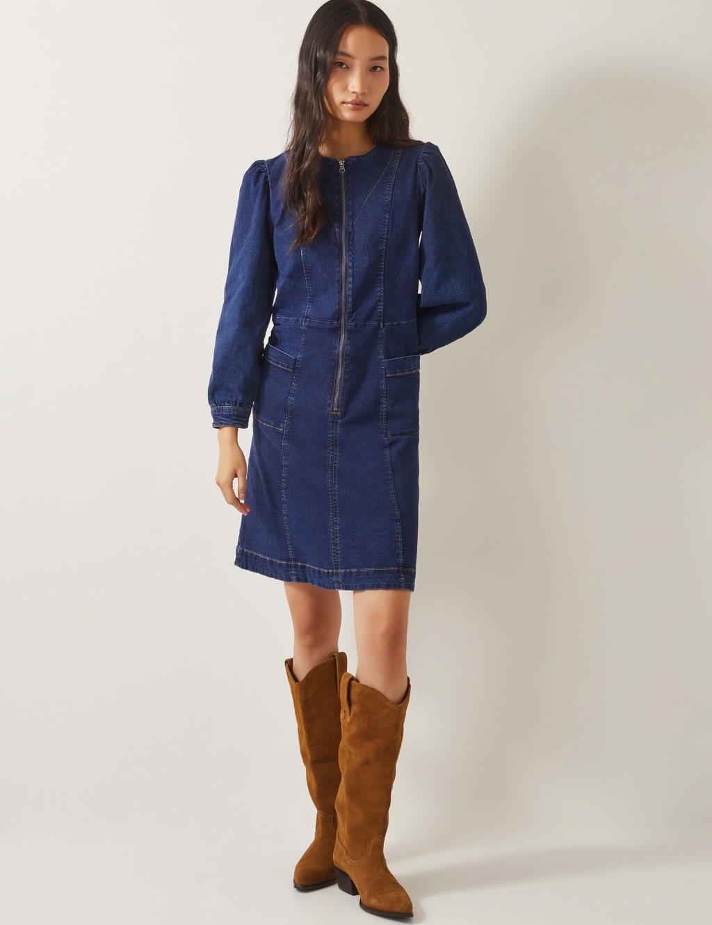 Denim Zip Up Knee Length Shift Dress