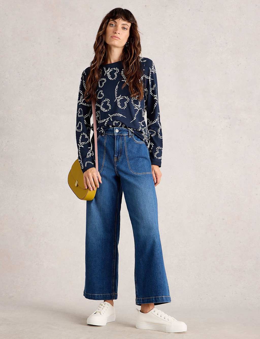 White Stuff Pure Cotton Printed Crew Neck Top Navy Mix