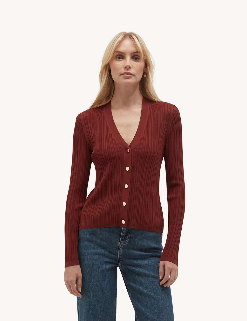 Hobbs Women's Ribbed V-Neck Cardigan - Small - Brown Mix - Available at M&S