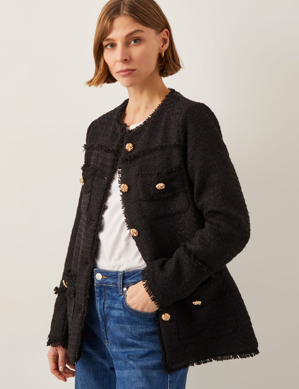 Tweed Textured Collarless Blazer