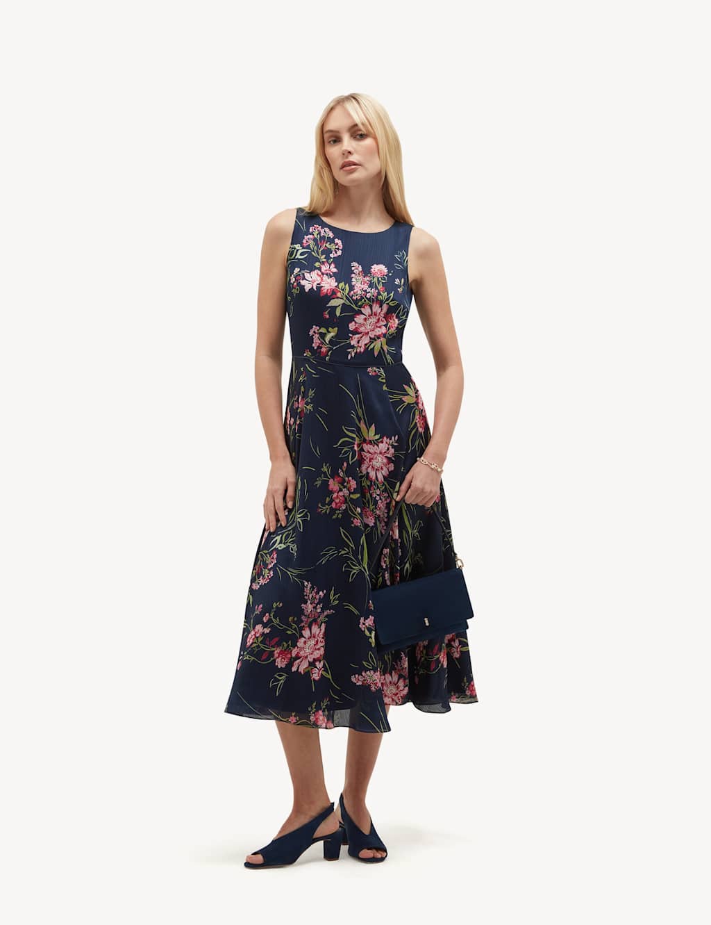 Hobbs Women's Satin Floral Crew Neck Midi Skater Dress - 12 - Blue Mix - Available at M&S