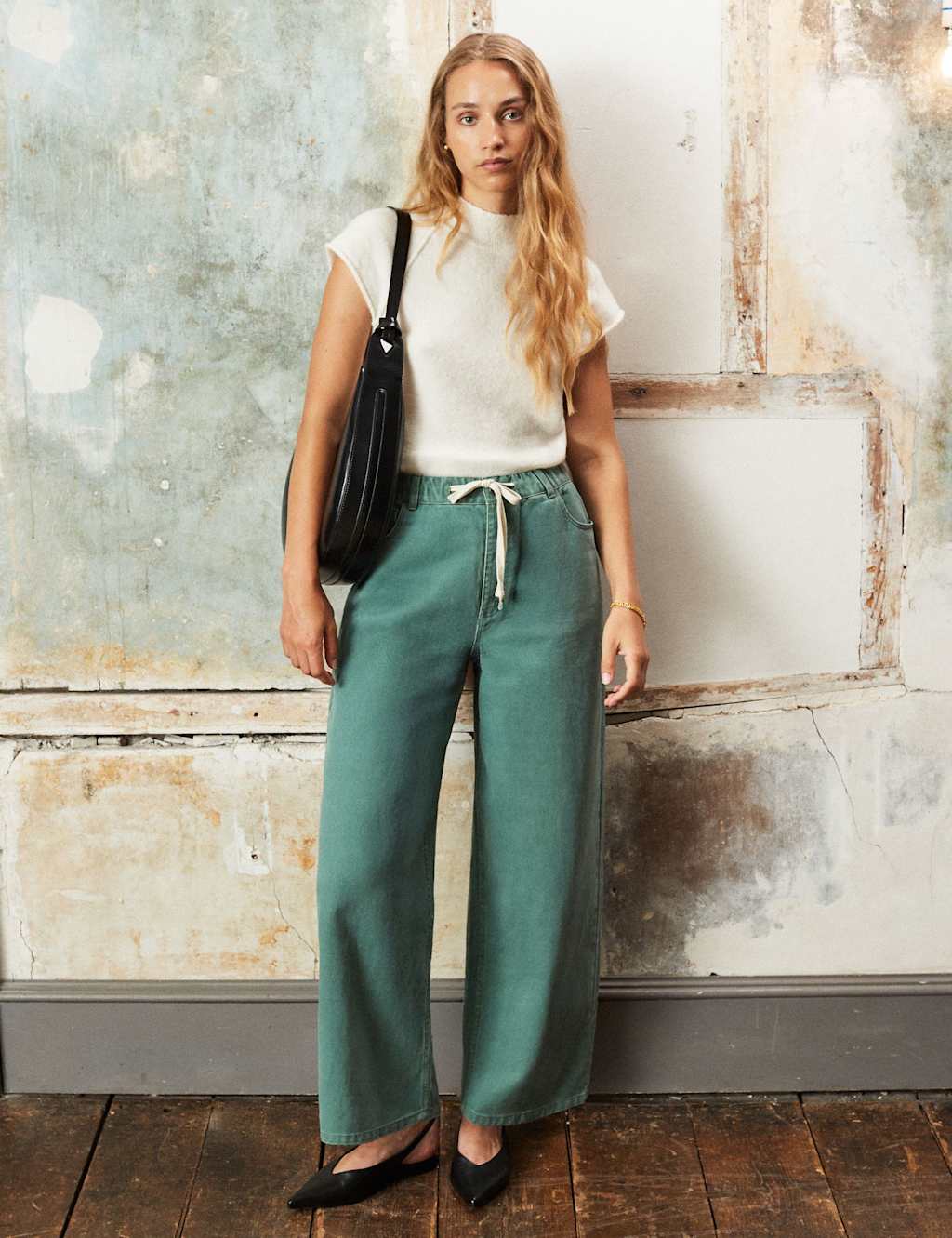 RO&ZO Drawstring Elasticated Waist Barrel Leg Jeans Dark Green