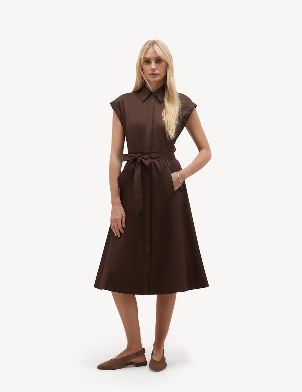 Hobbs Women's Cotton Rich Knee Length Shirt Dress - 8 - Brown - Available at M&S