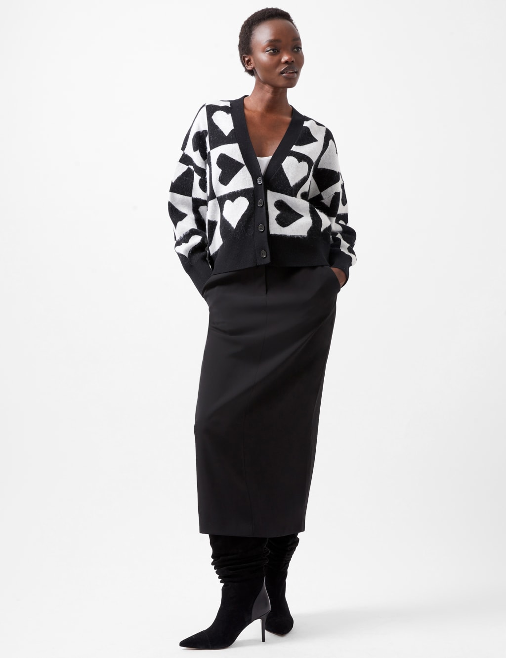 Cotton Rich Heart Print V-Neck Cardigan