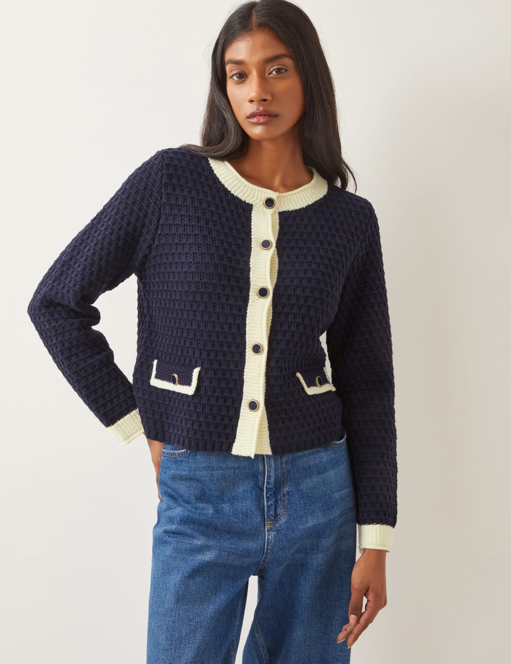 Cotton Rich Textured Collarless Knitted Jacket