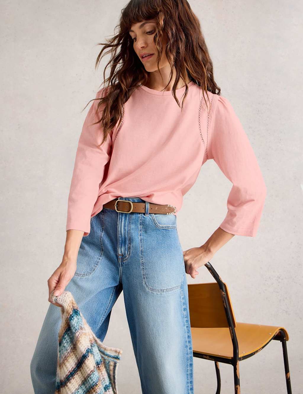 White Stuff Women's Pure Cotton Round Neck Top - 12REG - Pink, White,Pink