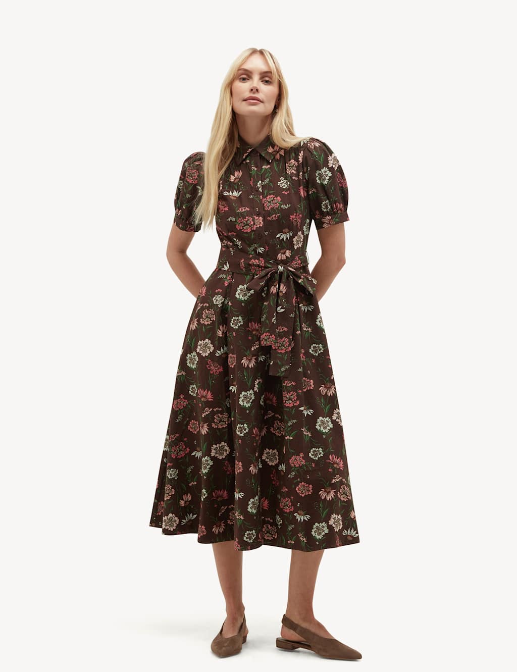 Hobbs Women's Pure Cotton Floral Midi Shirt Dress - 16 - Brown Mix - Available at M&S