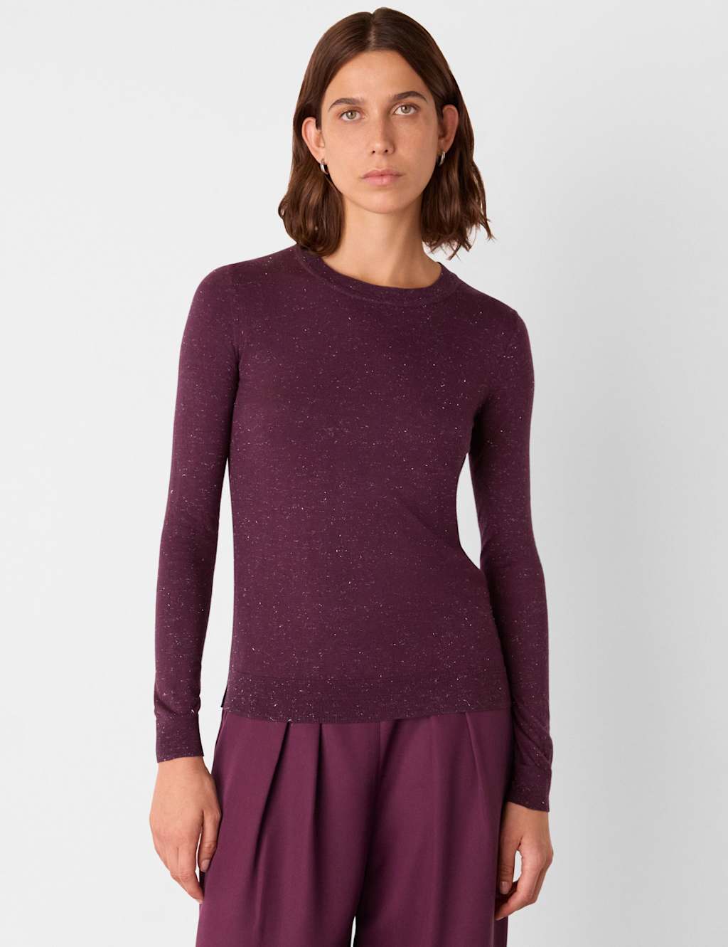 Whistles Sparkly Knitted Crew Neck Jumper Burgundy Mix