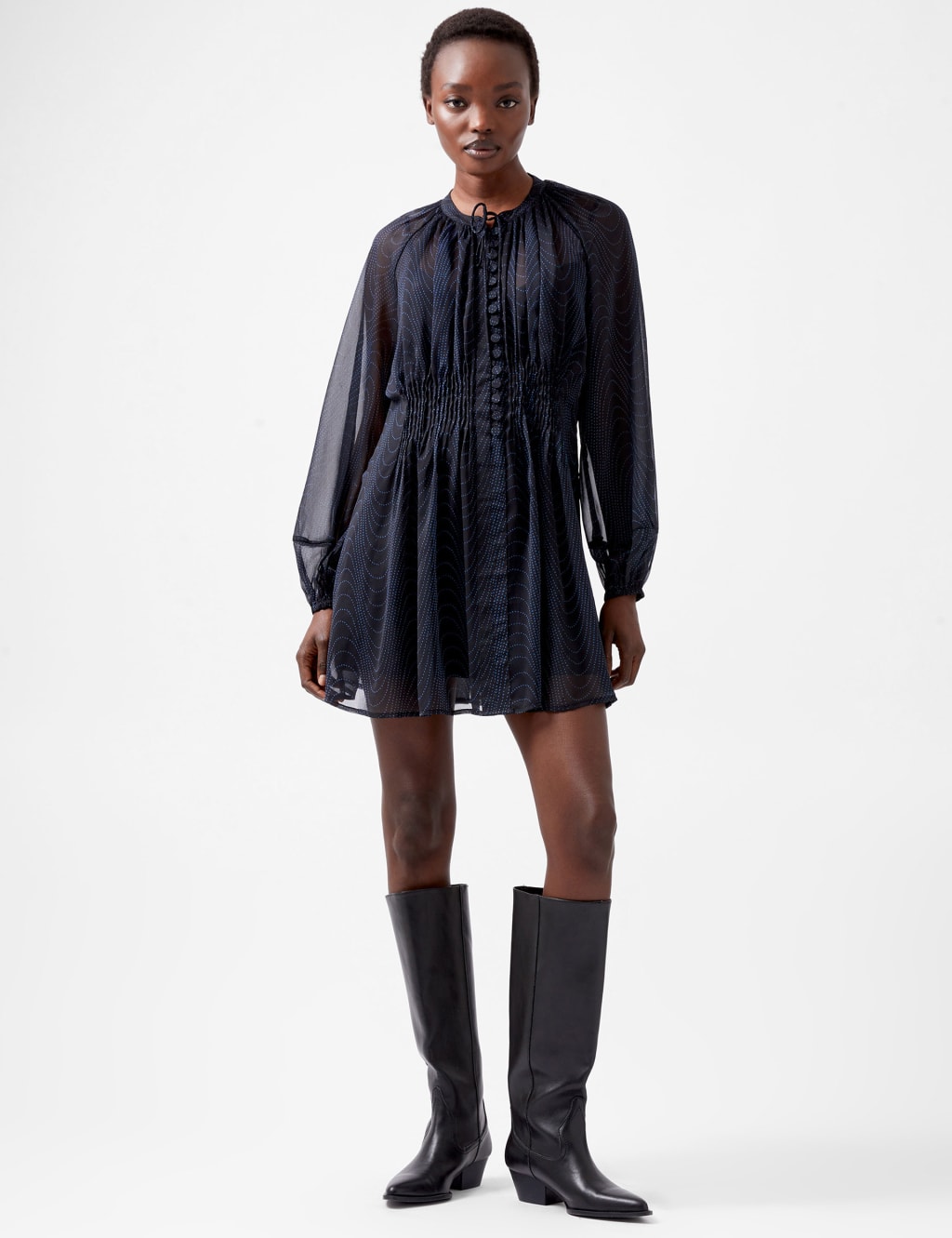 Sheer Printed Tie Neck Mini Swing Dress