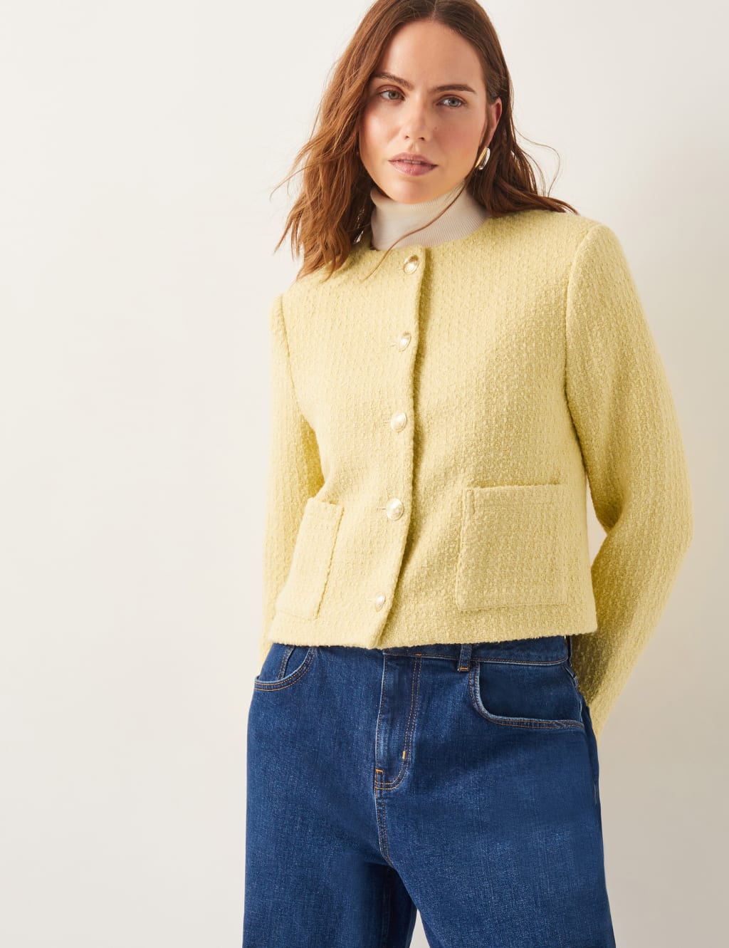 Tweed Textured Collarless Jacket with Wool