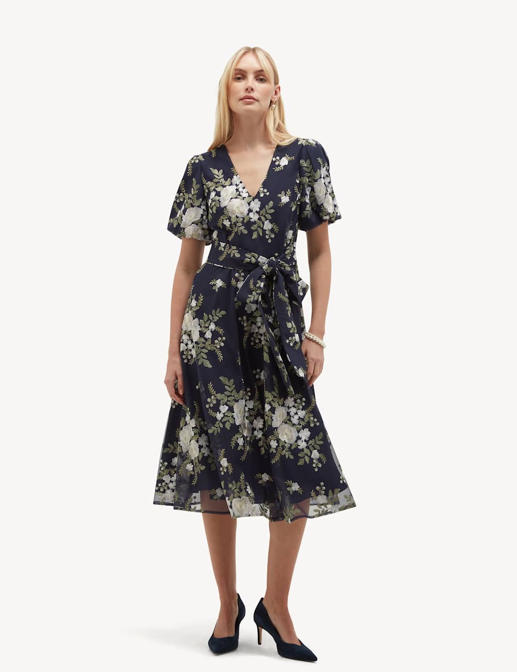 Hobbs Women's Embroidered Floral V-Neck Midi Skater Dress - 8 - Navy Mix - Available at M&S