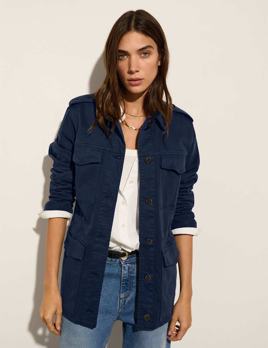 BAUKJEN Cotton Rich Collared Utility Jacket Navy