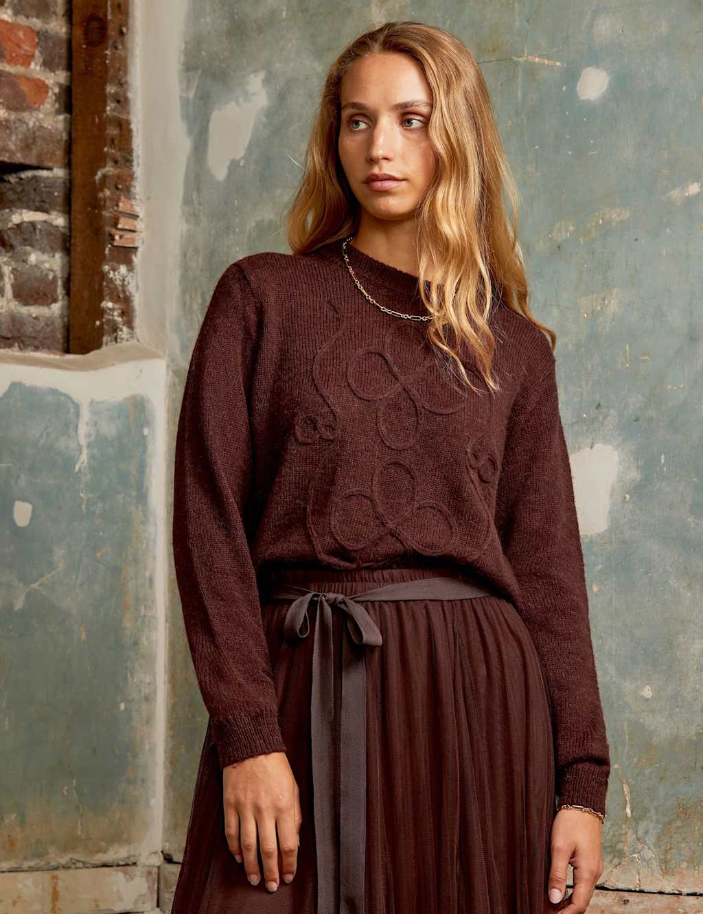 RO&ZO Alpaca Blend Applique Crew Neck Jumper Brown